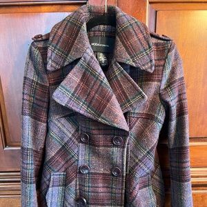 Women’s plum plaid flare pea coat. Size XS. Gently used condition.